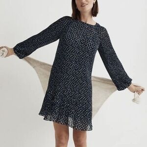 Madewell Georgette Blue Floral Accordian Pleat Long Sleeve Mini Dress, Size Xl